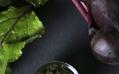Beet greens pesto with lemon and basil essential oils